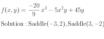 The f(x,y)=(-20)/9 x^3-5x^2y+45y is Saddle(-3,2),Saddle(3,-2)